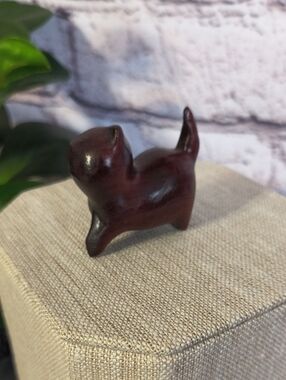 Wooden hand carved cat statue figurine kitty red wood color, tail up prancing